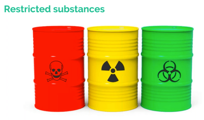 Three brightly-colored barrels of hazardous materials